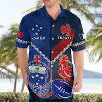 Blue short-sleeve button-up rugby Hawaiian shirt with Samoa and France crests