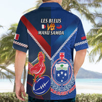 Blue button-up rugby Hawaiian shirt back graphic: Les Bleus vs Manu Samoa