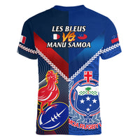Samoa And France Rugby Women V Neck T Shirt 2023 World Cup Manu Samoa With Les Bleus - Wonder Print Shop