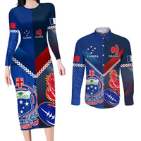 Custom Samoa And France Rugby Couples Matching Long Sleeve Bodycon Dress and Long Sleeve Button Shirts 2023 World Cup Manu Samoa With Les Bleus - Wonder Print Shop