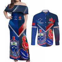Custom Samoa And France Rugby Couples Matching Off Shoulder Maxi Dress and Long Sleeve Button Shirts 2023 World Cup Manu Samoa With Les Bleus - Wonder Print Shop