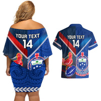 Custom Samoa And France Rugby Couples Matching Off Shoulder Short Dress and Hawaiian Shirt 2023 World Cup Manu Samoa With Les Bleus - Wonder Print Shop