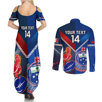 Custom Samoa And France Rugby Couples Matching Summer Maxi Dress and Long Sleeve Button Shirts 2023 World Cup Manu Samoa With Les Bleus - Wonder Print Shop