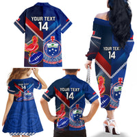 Custom Samoa And France Rugby Family Matching Off Shoulder Long Sleeve Dress and Hawaiian Shirt 2023 World Cup Manu Samoa With Les Bleus - Wonder Print Shop