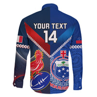 Custom Samoa And France Rugby Family Matching Off Shoulder Long Sleeve Dress and Hawaiian Shirt 2023 World Cup Manu Samoa With Les Bleus - Wonder Print Shop