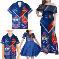 Custom Samoa And France Rugby Family Matching Off Shoulder Maxi Dress and Hawaiian Shirt 2023 World Cup Manu Samoa With Les Bleus - Wonder Print Shop