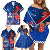 Custom Samoa And France Rugby Family Matching Off Shoulder Short Dress and Hawaiian Shirt 2023 World Cup Manu Samoa With Les Bleus - Wonder Print Shop