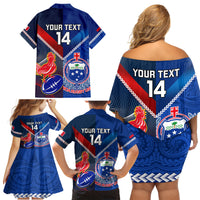 Custom Samoa And France Rugby Family Matching Off Shoulder Short Dress and Hawaiian Shirt 2023 World Cup Manu Samoa With Les Bleus - Wonder Print Shop