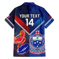 Blue short-sleeve button-up rugby shirt, back "YOUR TEXT 14" with Samoa/France logos