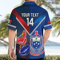 Blue short-sleeve button-up rugby shirt back "YOUR TEXT 14" with rooster and crest