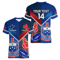 Custom Samoa And France Rugby Women V Neck T Shirt 2023 World Cup Manu Samoa With Les Bleus - Wonder Print Shop