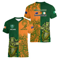 Australia And Ireland Rugby Women V Neck T Shirt 2023 World Cup Walllabies With Shamrocks - Wonder Print Shop