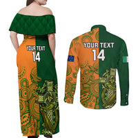 Custom Australia And Ireland Rugby Couples Matching Off Shoulder Maxi Dress and Long Sleeve Button Shirts 2023 World Cup Walllabies With Shamrocks - Wonder Print Shop