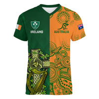 Custom Australia And Ireland Rugby Women V Neck T Shirt 2023 World Cup Walllabies With Shamrocks - Wonder Print Shop