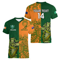 Custom Australia And Ireland Rugby Women V Neck T Shirt 2023 World Cup Walllabies With Shamrocks - Wonder Print Shop