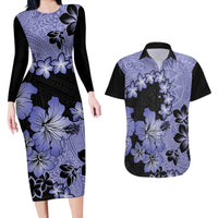 Purple Hawaii Couples Matching Long Sleeve Bodycon Dress and Hawaiian Shirt Tapa Cloth Mix Tropical Flowers Pastel Vibes - Wonder Print Shop