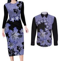 Purple Hawaii Couples Matching Long Sleeve Bodycon Dress and Long Sleeve Button Shirt Tapa Cloth Mix Tropical Flowers Pastel Vibes - Wonder Print Shop