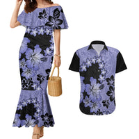 Purple Hawaii Couples Matching Mermaid Dress and Hawaiian Shirt Tapa Cloth Mix Tropical Flowers Pastel Vibes - Wonder Print Shop