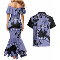 Purple Hawaii Couples Matching Mermaid Dress and Hawaiian Shirt Tapa Cloth Mix Tropical Flowers Pastel Vibes - Wonder Print Shop