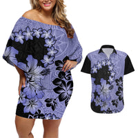Purple Hawaii Couples Matching Off Shoulder Short Dress and Hawaiian Shirt Tapa Cloth Mix Tropical Flowers Pastel Vibes - Wonder Print Shop
