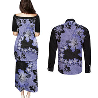 Purple Hawaii Couples Matching Puletasi Dress and Long Sleeve Button Shirt Tapa Cloth Mix Tropical Flowers Pastel Vibes - Wonder Print Shop