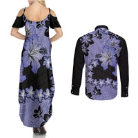 Purple Hawaii Couples Matching Summer Maxi Dress and Long Sleeve Button Shirt Tapa Cloth Mix Tropical Flowers Pastel Vibes - Wonder Print Shop