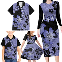 Purple Hawaii Family Matching Long Sleeve Bodycon Dress and Hawaiian Shirt Tapa Cloth Mix Tropical Flowers Pastel Vibes - Wonder Print Shop