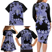 Purple Hawaii Family Matching Long Sleeve Bodycon Dress and Hawaiian Shirt Tapa Cloth Mix Tropical Flowers Pastel Vibes - Wonder Print Shop