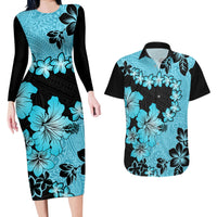 Blue Hawaii Couples Matching Long Sleeve Bodycon Dress and Hawaiian Shirt Tapa Cloth Mix Tropical Flowers Pastel Vibes - Wonder Print Shop