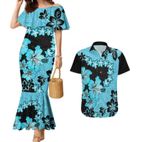 Blue Hawaii Couples Matching Mermaid Dress and Hawaiian Shirt Tapa Cloth Mix Tropical Flowers Pastel Vibes - Wonder Print Shop