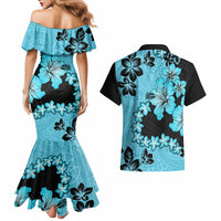 Blue Hawaii Couples Matching Mermaid Dress and Hawaiian Shirt Tapa Cloth Mix Tropical Flowers Pastel Vibes - Wonder Print Shop