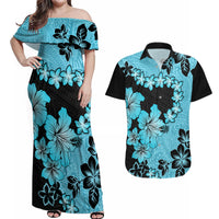 Blue Hawaii Couples Matching Off Shoulder Maxi Dress and Hawaiian Shirt Tapa Cloth Mix Tropical Flowers Pastel Vibes - Wonder Print Shop