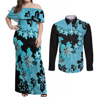 Blue Hawaii Couples Matching Off Shoulder Maxi Dress and Long Sleeve Button Shirt Tapa Cloth Mix Tropical Flowers Pastel Vibes - Wonder Print Shop