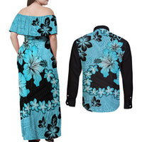 Blue Hawaii Couples Matching Off Shoulder Maxi Dress and Long Sleeve Button Shirt Tapa Cloth Mix Tropical Flowers Pastel Vibes - Wonder Print Shop