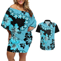 Blue Hawaii Couples Matching Off Shoulder Short Dress and Hawaiian Shirt Tapa Cloth Mix Tropical Flowers Pastel Vibes - Wonder Print Shop