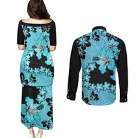 Blue Hawaii Couples Matching Puletasi Dress and Long Sleeve Button Shirt Tapa Cloth Mix Tropical Flowers Pastel Vibes - Wonder Print Shop