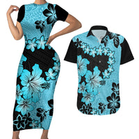 Blue Hawaii Couples Matching Short Sleeve Bodycon Dress and Hawaiian Shirt Tapa Cloth Mix Tropical Flowers Pastel Vibes - Wonder Print Shop