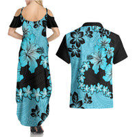 Blue Hawaii Couples Matching Summer Maxi Dress and Hawaiian Shirt Tapa Cloth Mix Tropical Flowers Pastel Vibes - Wonder Print Shop
