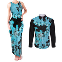 Blue Hawaii Couples Matching Tank Maxi Dress and Long Sleeve Button Shirt Tapa Cloth Mix Tropical Flowers Pastel Vibes - Wonder Print Shop