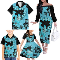 Blue Hawaii Family Matching Off Shoulder Long Sleeve Dress and Hawaiian Shirt Tapa Cloth Mix Tropical Flowers Pastel Vibes - Wonder Print Shop
