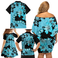 Blue Hawaii Family Matching Off Shoulder Short Dress and Hawaiian Shirt Tapa Cloth Mix Tropical Flowers Pastel Vibes - Wonder Print Shop