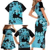 Blue Hawaii Family Matching Short Sleeve Bodycon Dress and Hawaiian Shirt Tapa Cloth Mix Tropical Flowers Pastel Vibes - Wonder Print Shop