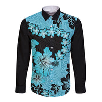 Blue Hawaii Long Sleeve Button Shirt Tapa Cloth Mix Tropical Flowers Pastel Vibes - Wonder Print Shop