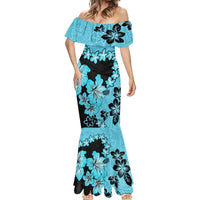 Blue Hawaii Mermaid Dress Tapa Cloth Mix Tropical Flowers Pastel Vibes - Wonder Print Shop