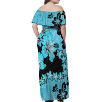Blue Hawaii Off Shoulder Maxi Dress Tapa Cloth Mix Tropical Flowers Pastel Vibes - Wonder Print Shop