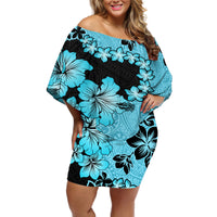 Blue Hawaii Off Shoulder Short Dress Tapa Cloth Mix Tropical Flowers Pastel Vibes - Wonder Print Shop