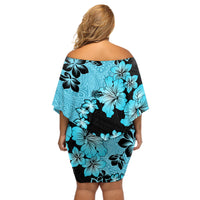 Blue Hawaii Off Shoulder Short Dress Tapa Cloth Mix Tropical Flowers Pastel Vibes - Wonder Print Shop
