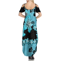 Blue Hawaii Summer Maxi Dress Tapa Cloth Mix Tropical Flowers Pastel Vibes - Wonder Print Shop