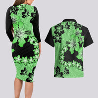 Green Hawaii Couples Matching Long Sleeve Bodycon Dress and Hawaiian Shirt Tapa Cloth Mix Tropical Flowers Pastel Vibes - Wonder Print Shop