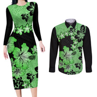 Green Hawaii Couples Matching Long Sleeve Bodycon Dress and Long Sleeve Button Shirt Tapa Cloth Mix Tropical Flowers Pastel Vibes - Wonder Print Shop